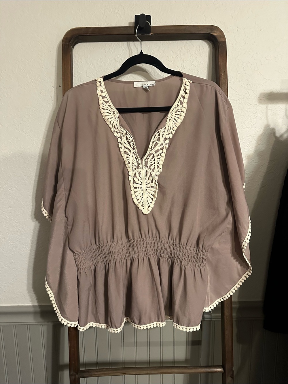 Lucy & Laurel Taupe Blouson Tunic with Cream Crochet Trim